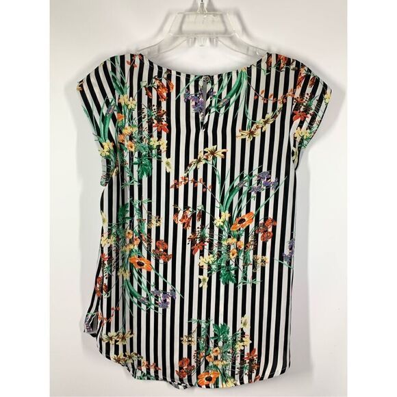 Sweet Rain Women's Floral Striped Keyhole Back Pleated Blouse Multicolor Small - Picture 6 of 7